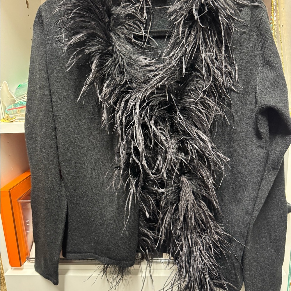 Black sweater with Feather Trim